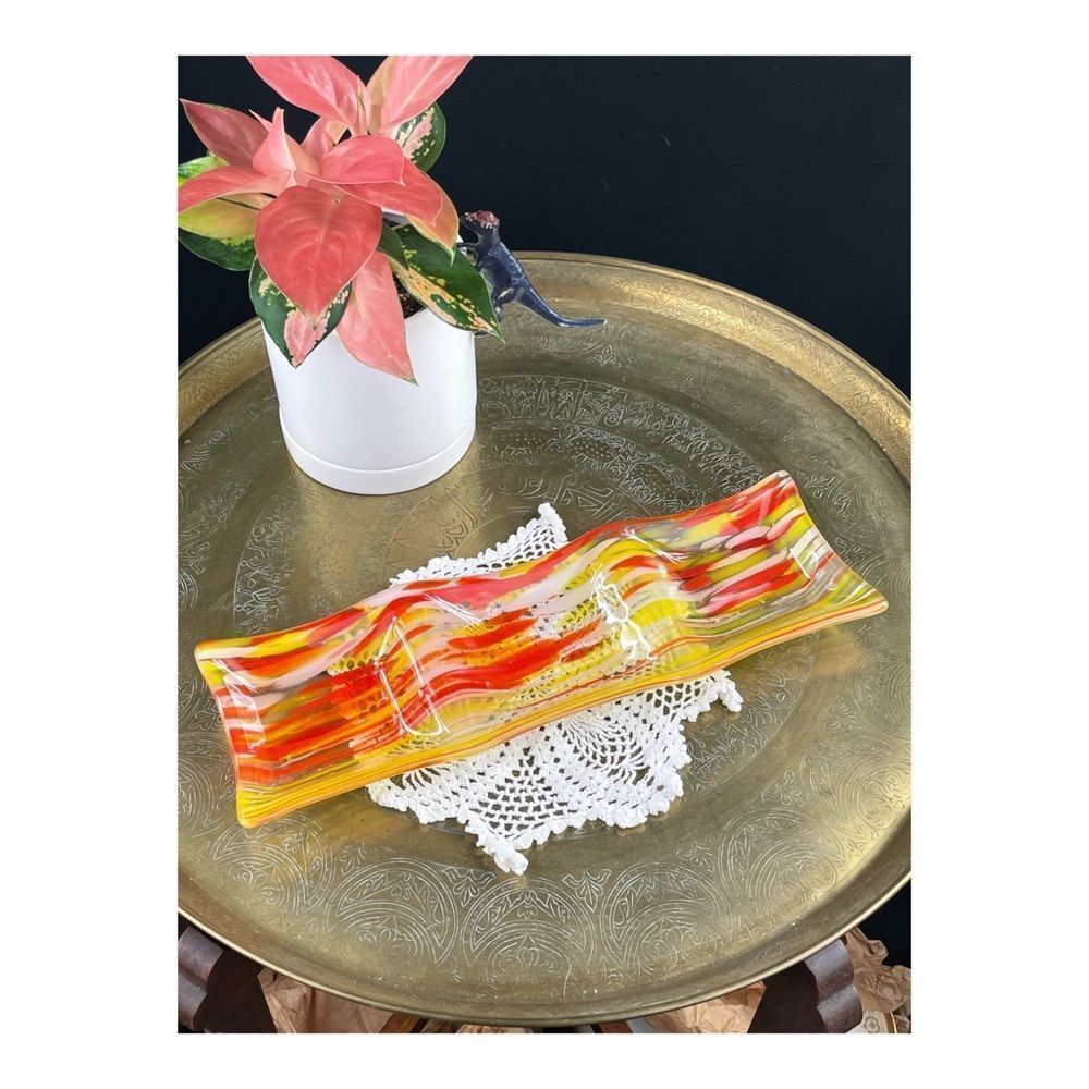 Hand Crafted Glass Serving Divided Tray Red Yellow White Clear Trinket Decor